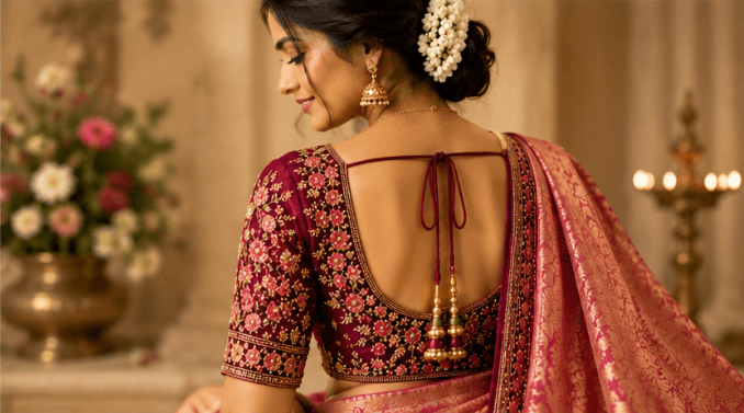 Maroon Aari embroidery close-up